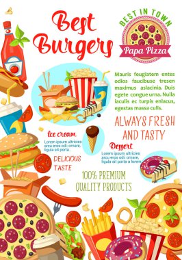 Fast food restaurant, burger cafe, pizzeria poster clipart