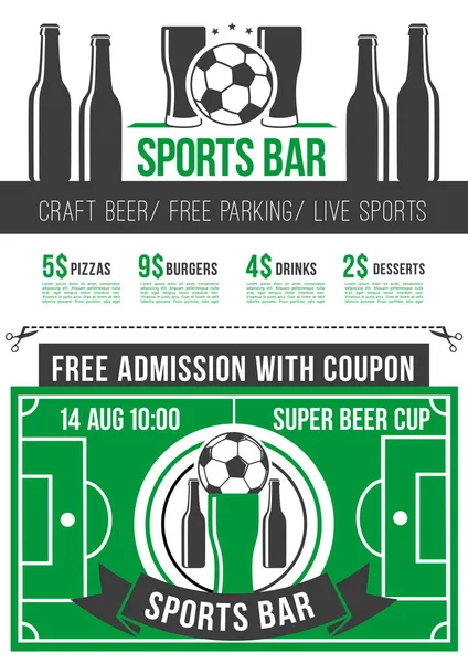 Cartel de menú de bar deportivo con pelota de fútbol y cerveza — Vector de stock