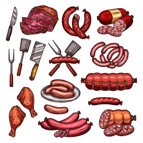 Esboço de carne e salsicha para churrasco —  Vetores de Stock