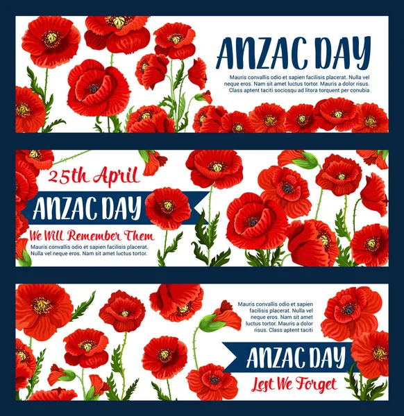 Anzac Day 25 April poppy vector greeting banners — Stock Vector