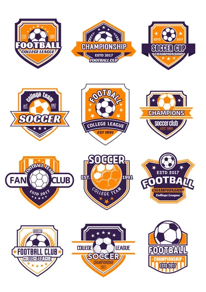 Football sport badge with soccer ball on shield — Stock Vector