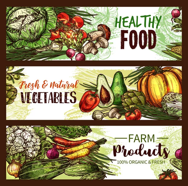 Sayuran, buah, jamur banner sayuran segar - Stok Vektor