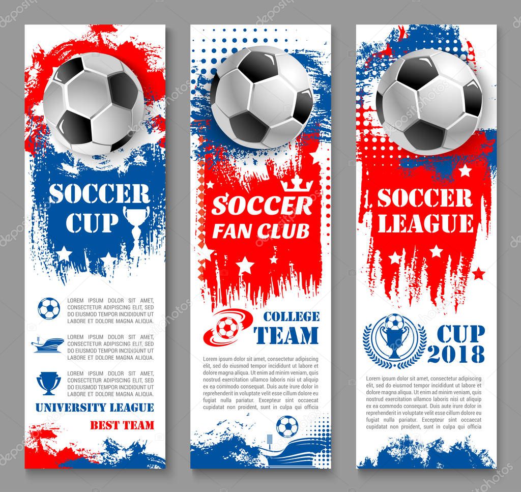 Football sport game banner of soccer ball, trophy