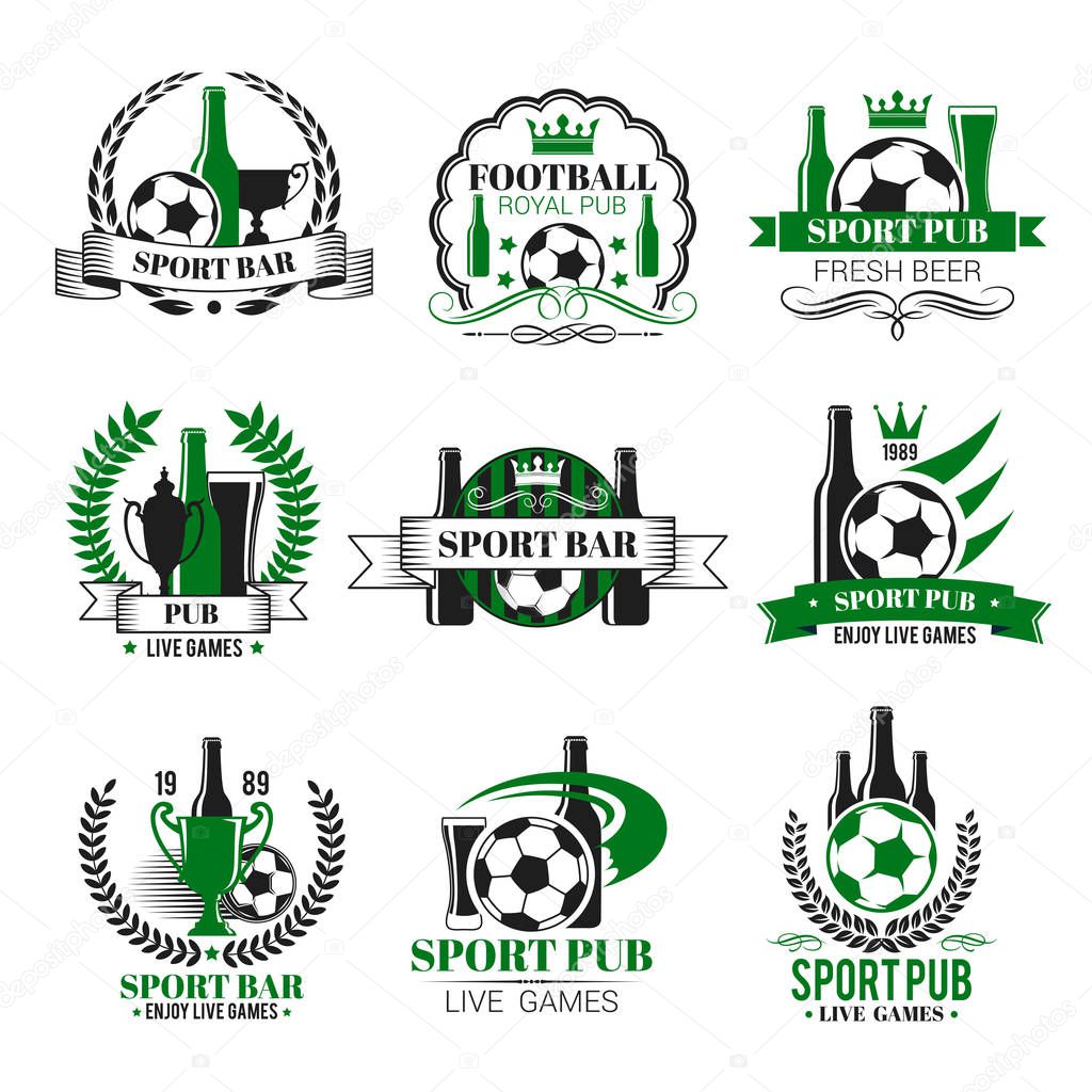 Soccer sports pub icons for live games championship beer pub. Vector isolated symbols of beer drink and football ball or soccer cup champion ribbon or team league cup tournament for pub menu