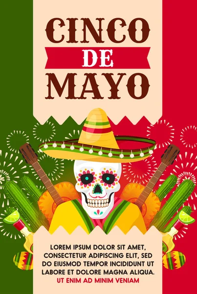 Cartão Cinco de Mayo mexicano com crânio no sombrero — Vetor de Stock
