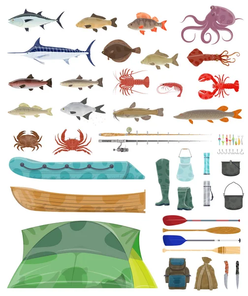 Vector pescador hombre herramientas pesca aborda iconos — Archivo Imágenes Vectoriales