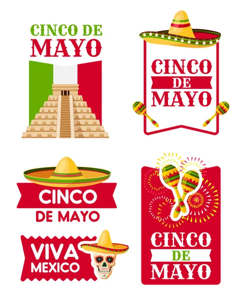 Distintivo messicano Cinco de Mayo di sombrero, maracas — Vettoriale Stock