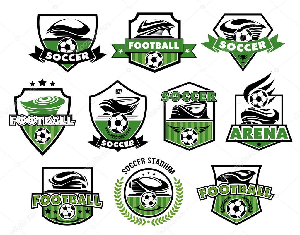 Soccer club or football college league team icons or badges templates. Vector heraldic shield symbols of soccer ball, football arena stadium, winner cup or wing stars and laurel victory wreath for