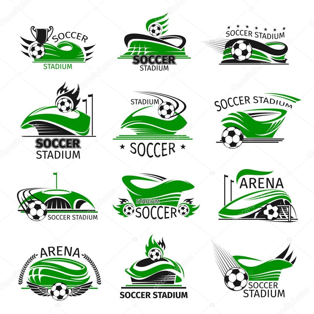 Soccer arena stadium icons templates for football club or college league team championship badges. Vector symbols of soccer ball at arena stadium, winner cup or stars for game tournament