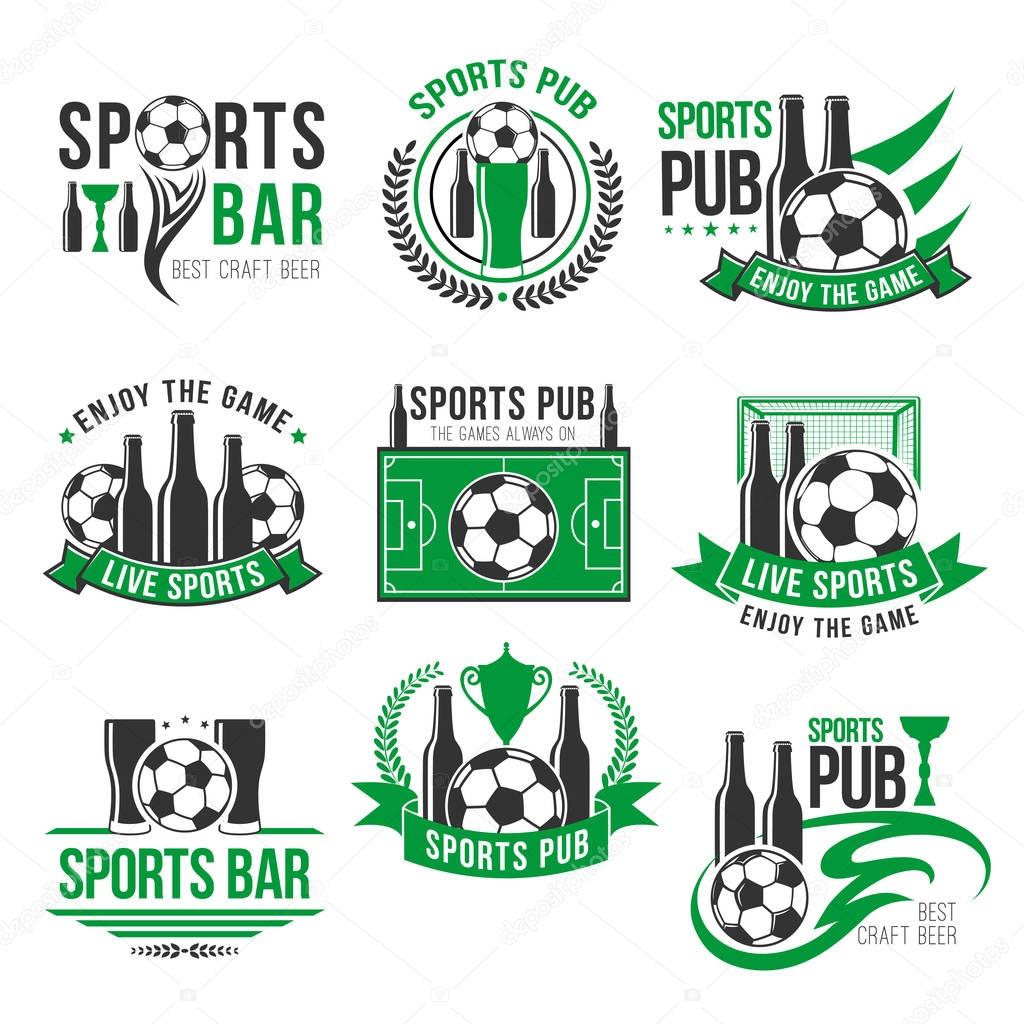 Soccer bar icons templates. Vector labels of sports game pub for live games championship of beer drink bottle and football ball or soccer cup champion ribbon or team league cup tournament for pub