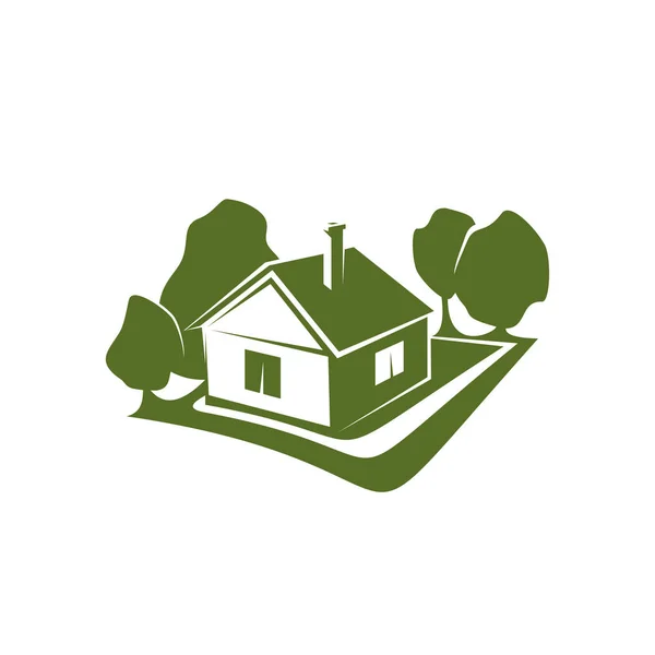 Panneau vert de la maison et des arbres — Image vectorielle