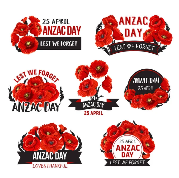 Anzac Day Lest We Forget poppy vector ribbons icons — Stock Vector