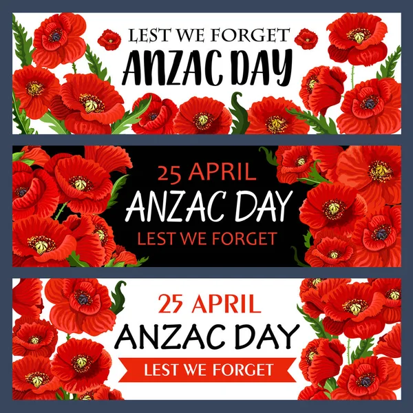 Anzac Day 25 April poppy flowers vector banners — Stock Vector