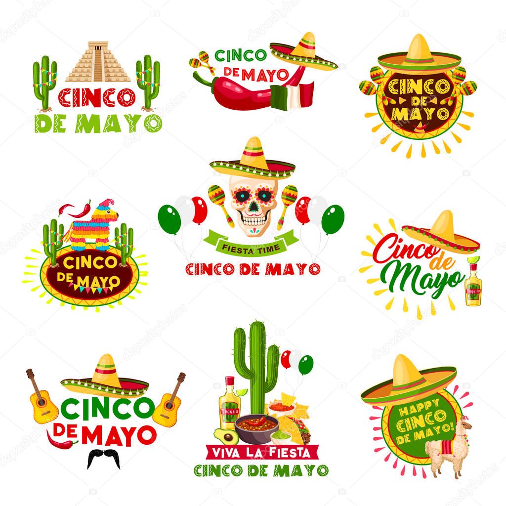 Cinco de Mayo Mexican holiday celebration icons. Vector set of Mexico Aztec pyramid, sombrero hat and skull with jalapeno chili pepper, guitar and tequila for party or greeting card design template