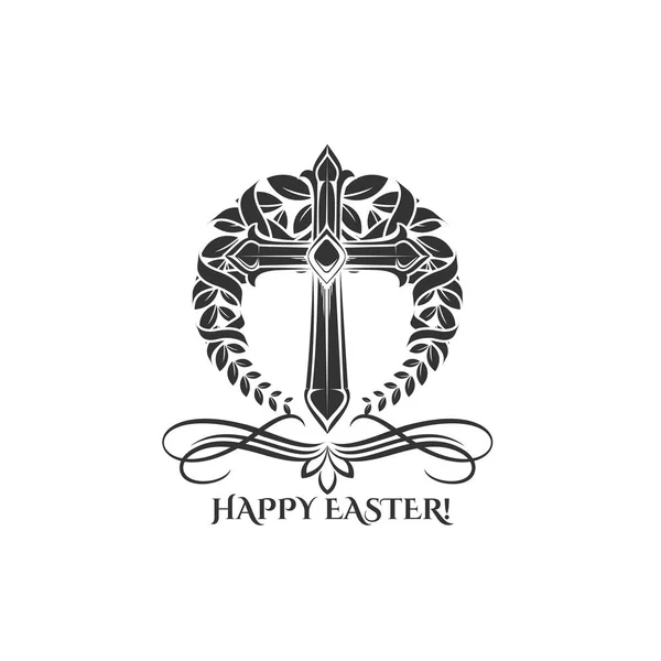 Easter day vector cross in laurel icon — Stock Vector