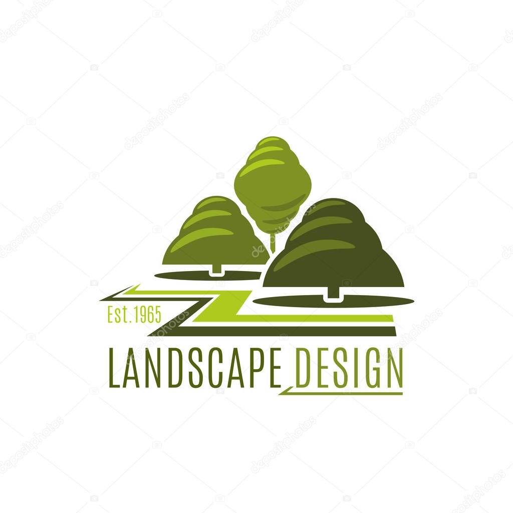 Landscape design company icon template for landscaping and green gardening designing for eco city home. Vector parkland garden or park trees symbol for outdoor urban horticulture company