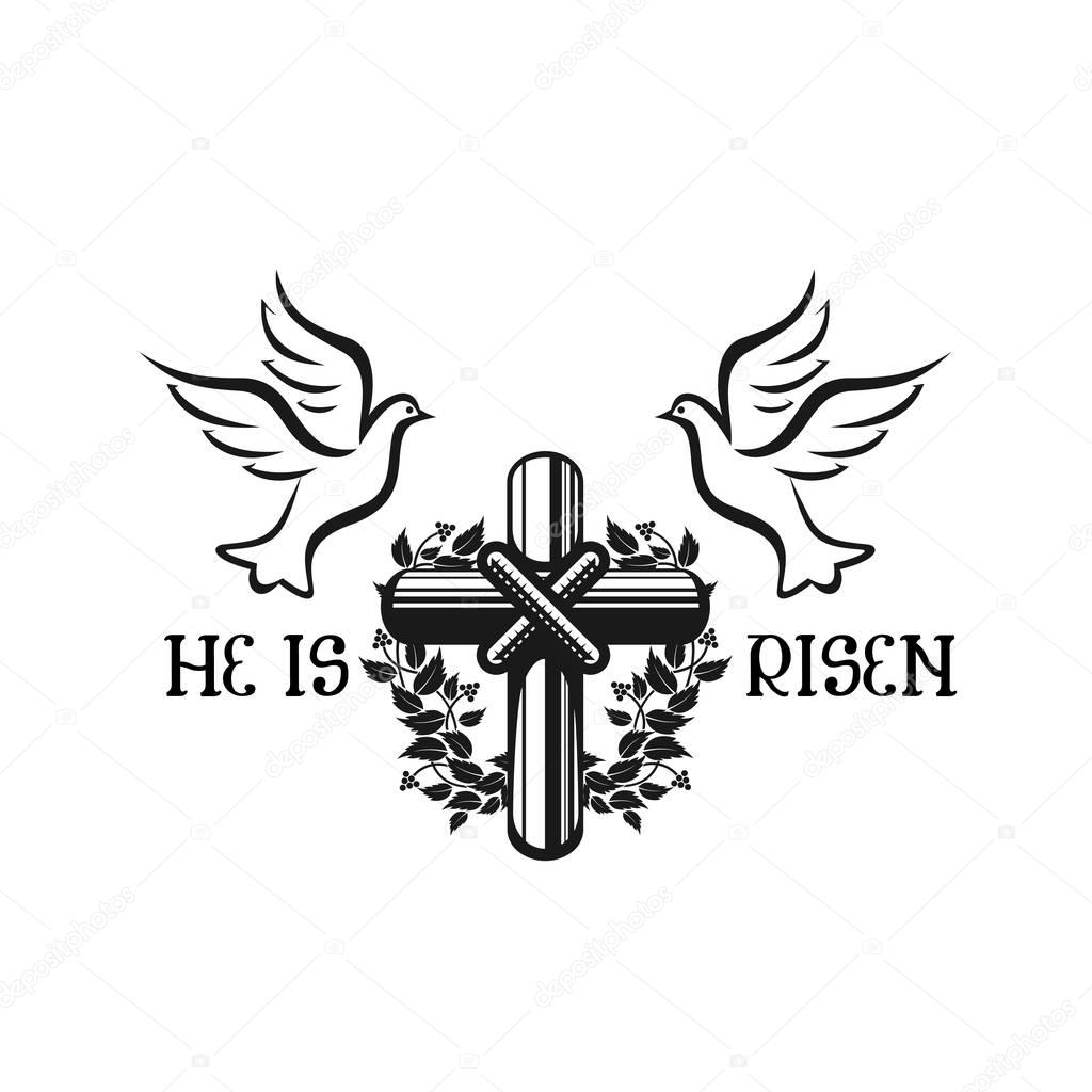 Easter holiday He is Risen icon of cross crucifix and doves with laurel wreath decoration for Christian religious Holy Easter Sunday holiday design. Vector isolated Christianity cross in ornate ribbon