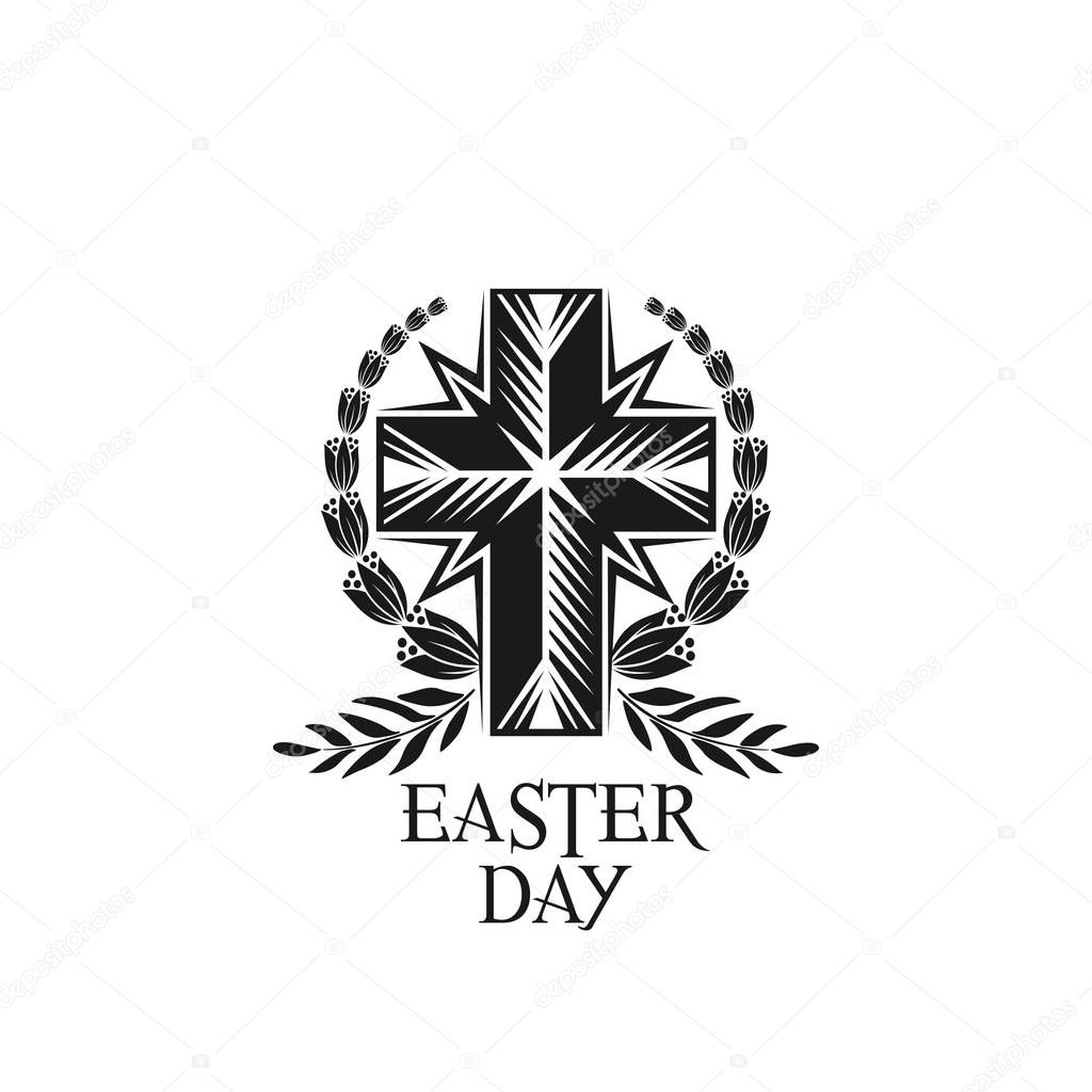 Happy Easter vector cross and laurel wreath icon