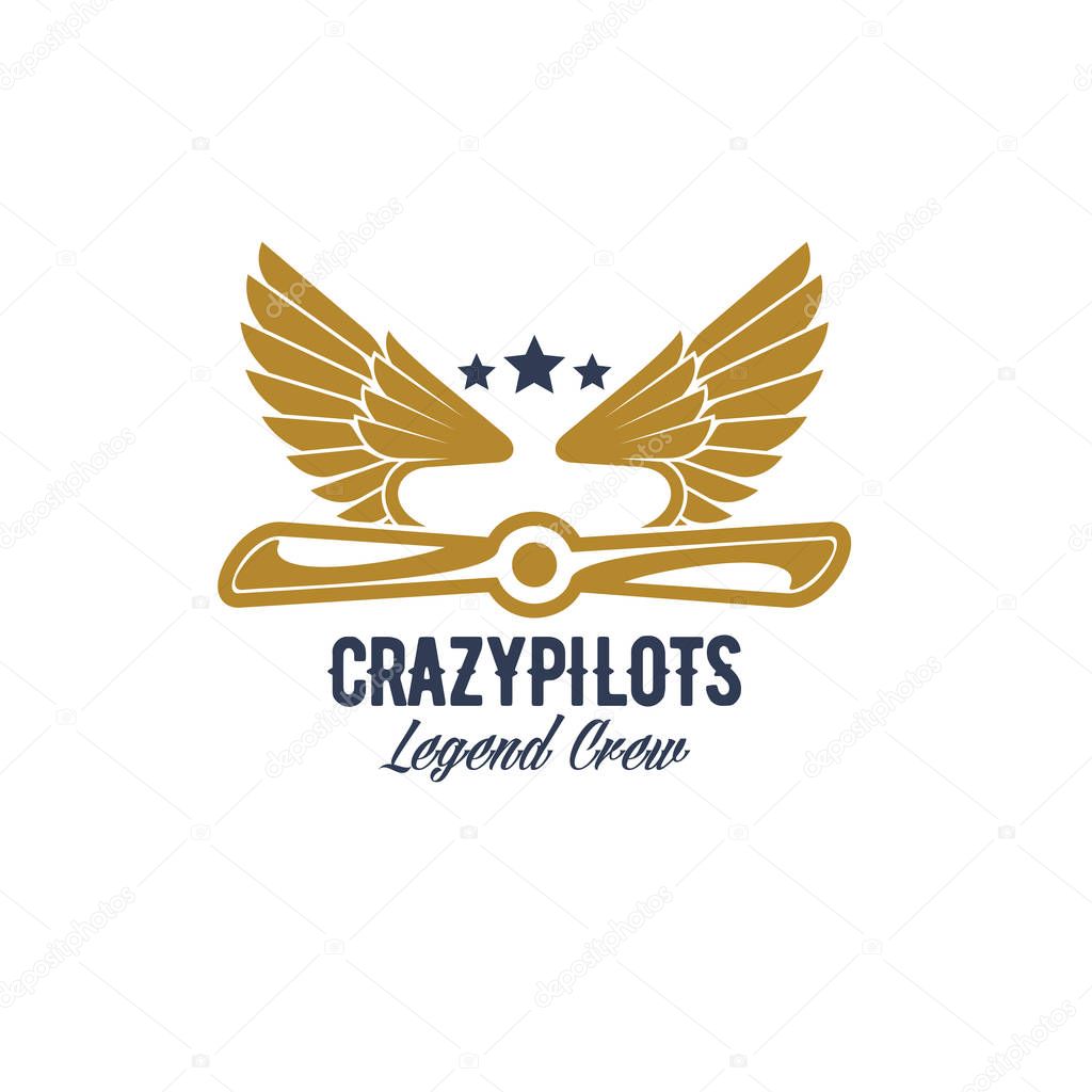 Avia customs and retro aviation icon for pilots crew team. Vector isolated badge of retro airplane propeller and aircraft wings on airscrew for aviation legend or best pilot and wind chasers sport