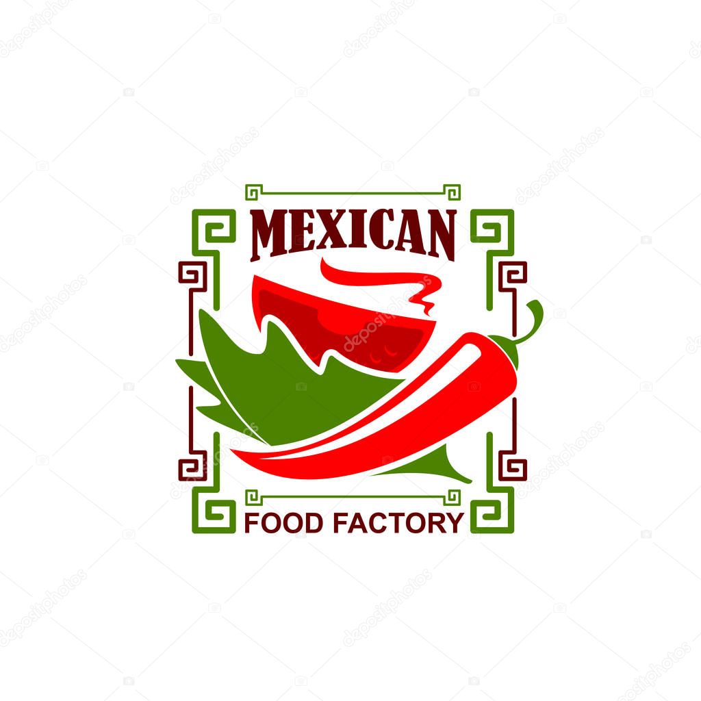 Mexican food restaurant icon of jalapeno chili red pepper for Mexican fast food bistro or fastfood cafe. Vector design of Mayan or Aztec ornament and hot spice pepper in bowl plate