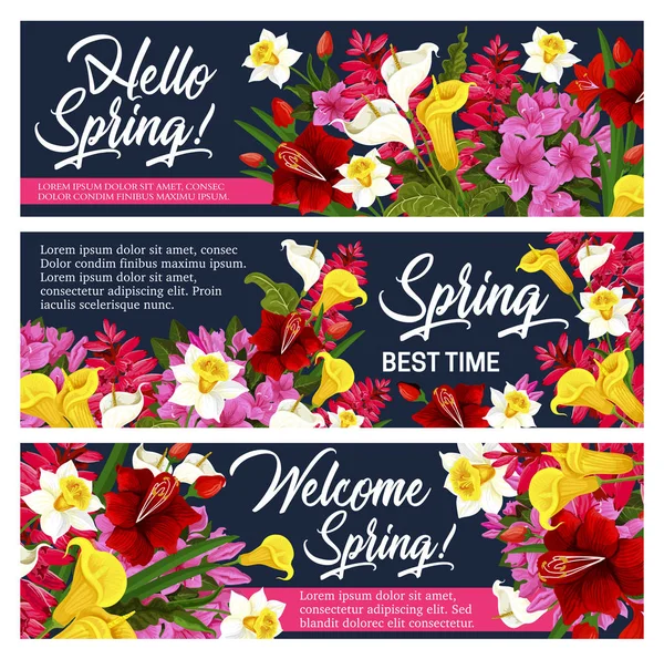 春デザインの春の花のグリーティング バナー — ストックベクタ