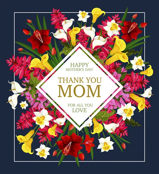 Tarjeta de agradecimiento del día de la madre con marco de flores de primavera — Vector de stock