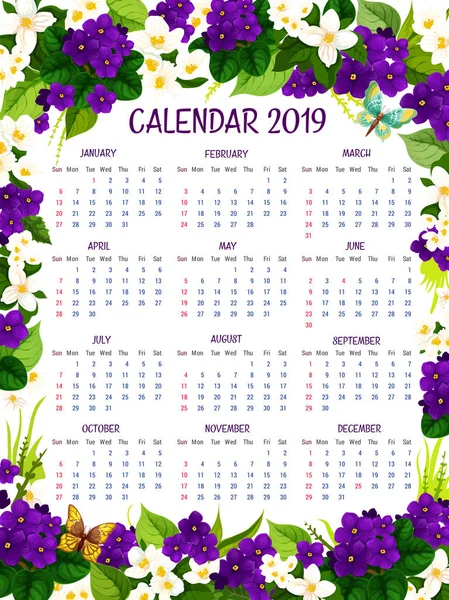 Calendario 2019 vector flores de cocodrilo floral diseño — Vector de stock