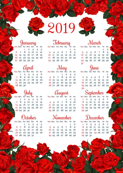 Florale Kalendervorlage in roter Rose Blume Rahmen — Stockvektor