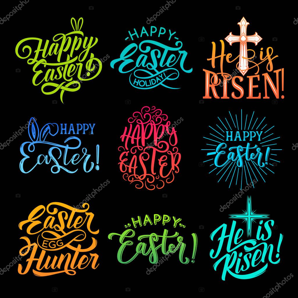 Happy Easter lettering label set. Lettering, calligraphy vector isolated on black background. Set of hand drawn lettering Happy Easter and He is risen vector graphics. Happy Easter typography