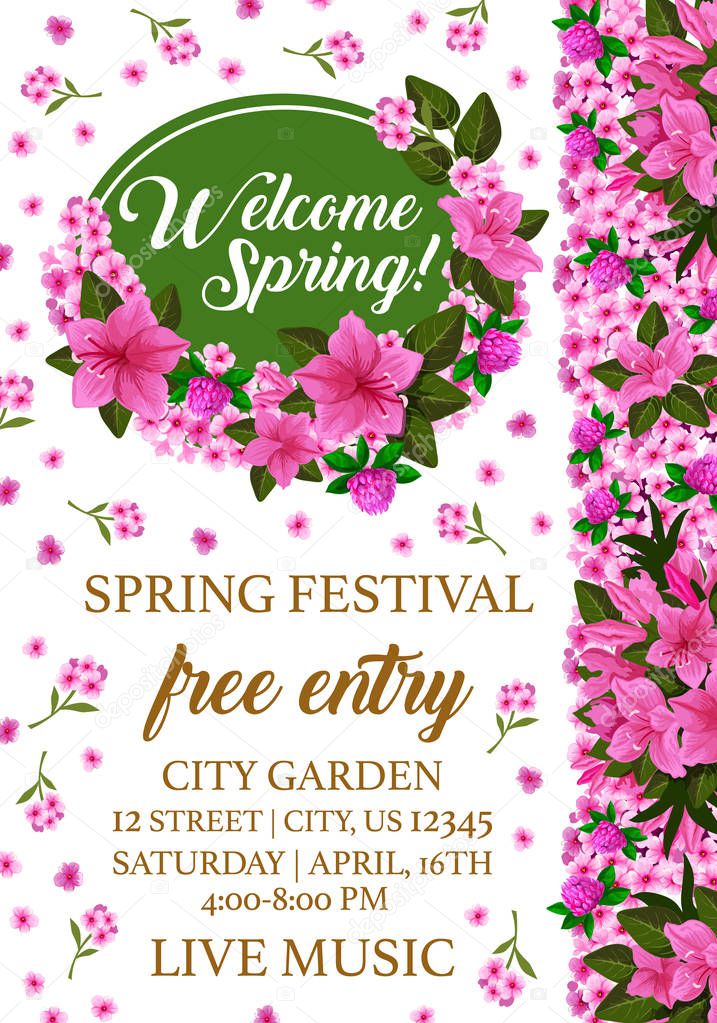 Spring festival poster with pink flower frame