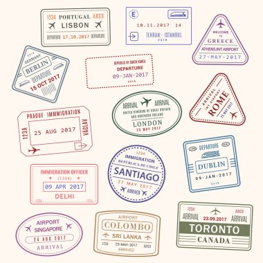 Pasaport pul vektör şehir ve ülke Icons set