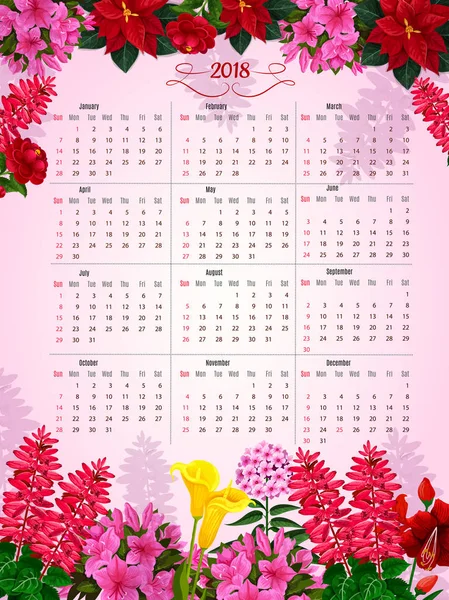 Blumenkalender 2018 von Blumen Vektor-Design — Stockvektor