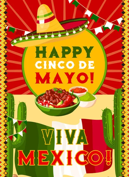 Cinco de Mayo kort med mexikanska flaggan, fiesta mat — Stock vektor