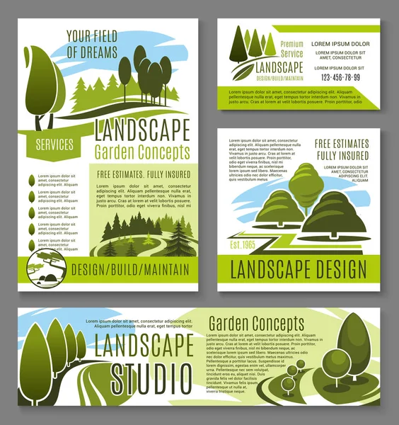 Vetor paisagem jardim design conceito cartazes — Vetor de Stock