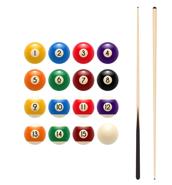 Pool billiards balls and cue vector game icon — Stock Vector