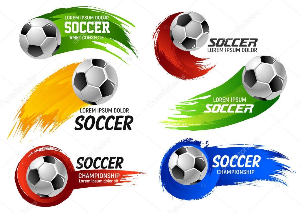 Soccer game sport or football cup tournament emblems design templates of ball on of red, yellow and blue or football color splash. Vector icons of soccer ball for football league match or college team