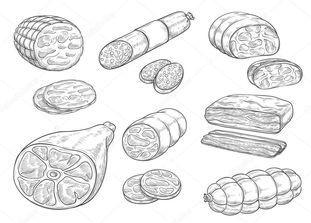 Vector sketch iocon of meat and sausage products