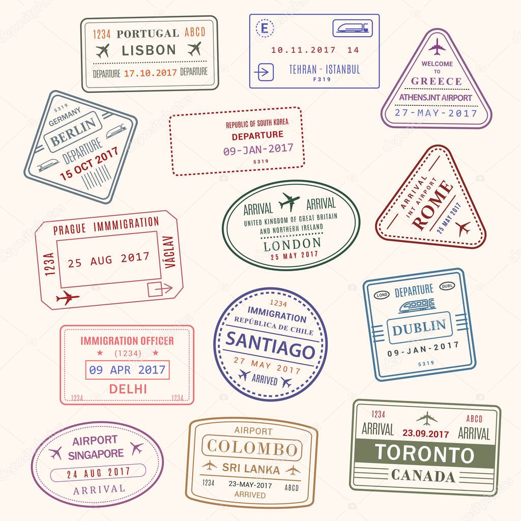 Passport stamp vector city and country icons set