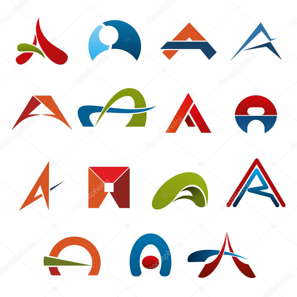 A letter icons tempates for corporate or business company name emblems. Vector set of A letter in abstract shape in red, green, blue and yellow colors for transport, construction or building industry