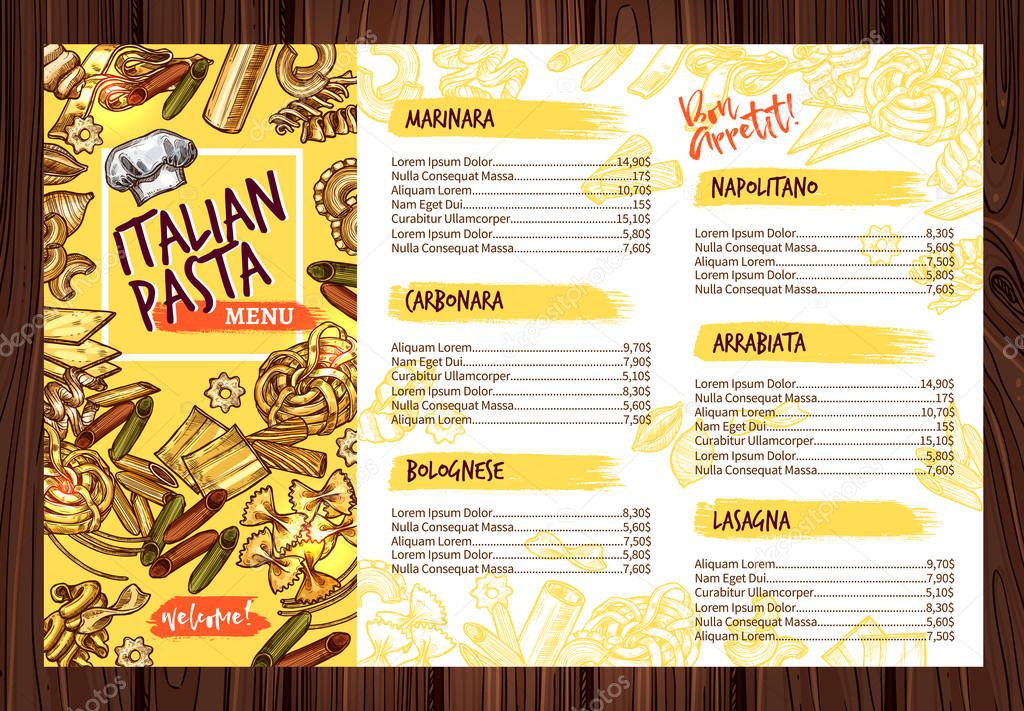 Vector Italian pasta restaurant menu template