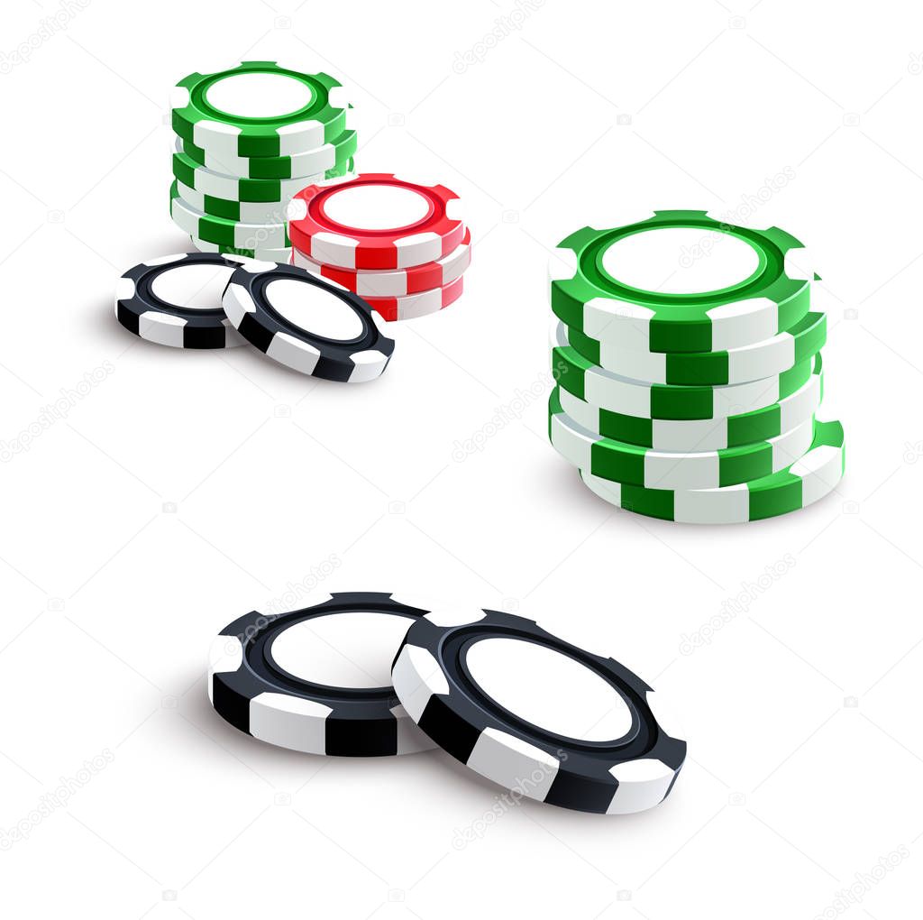 Casino poker gambling chips or bet tokens. Vector isolated poker game green, red and black chips pile stacks set for online casino poker, gambling slot machine or internet gamble bets design