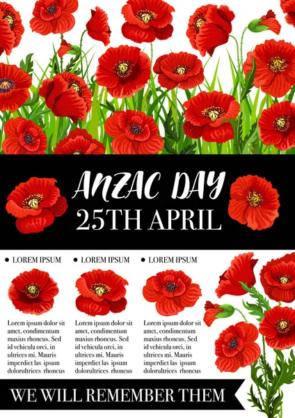 Anzac Day memorial banner with red poppy flower — Stock Vector