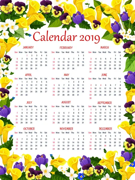 Année modèle de calendrier avec cadre fleur de printemps — Image vectorielle