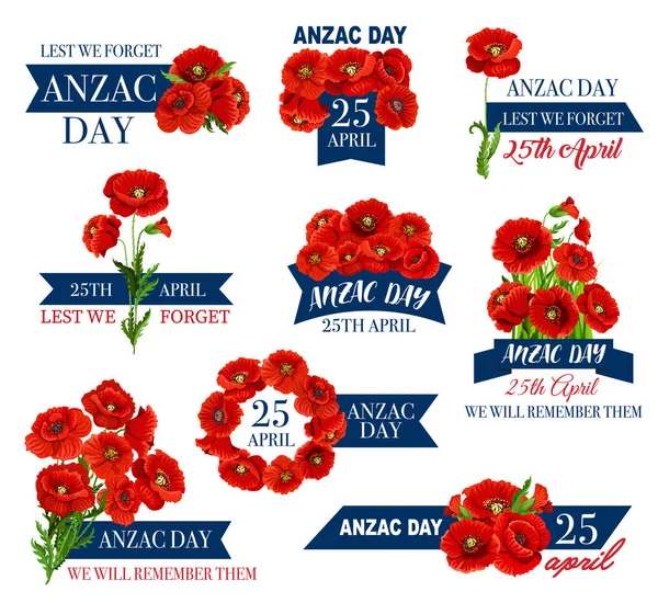 Anzac Day icon of poppy flower and memorial ribbon — Stock Vector