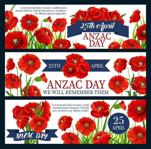 Anzac Day red poppy flower festive banner design — Stock Vector