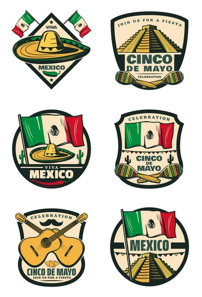 Cinco de Mayo Iconos de boceto retro de vacaciones mexicanas — Archivo Imágenes Vectoriales