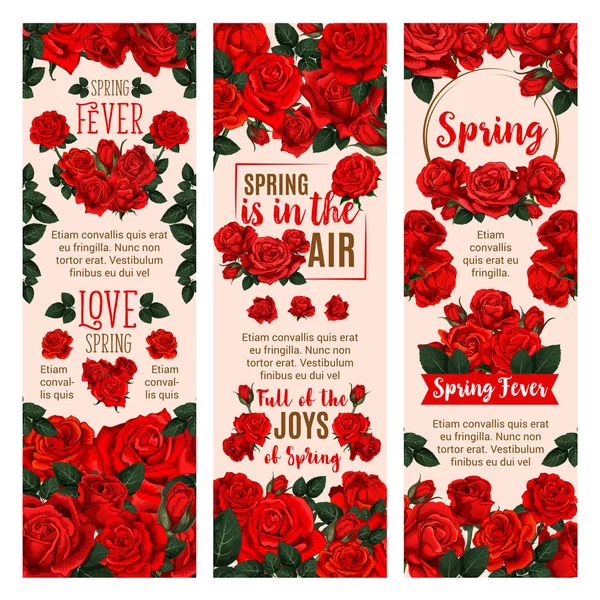 Lente bloem banner met rode roos bloemen krans — Stockvector
