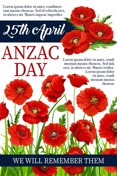 Anzac Day 25 April poppy vector war memory poster — Stock Vector