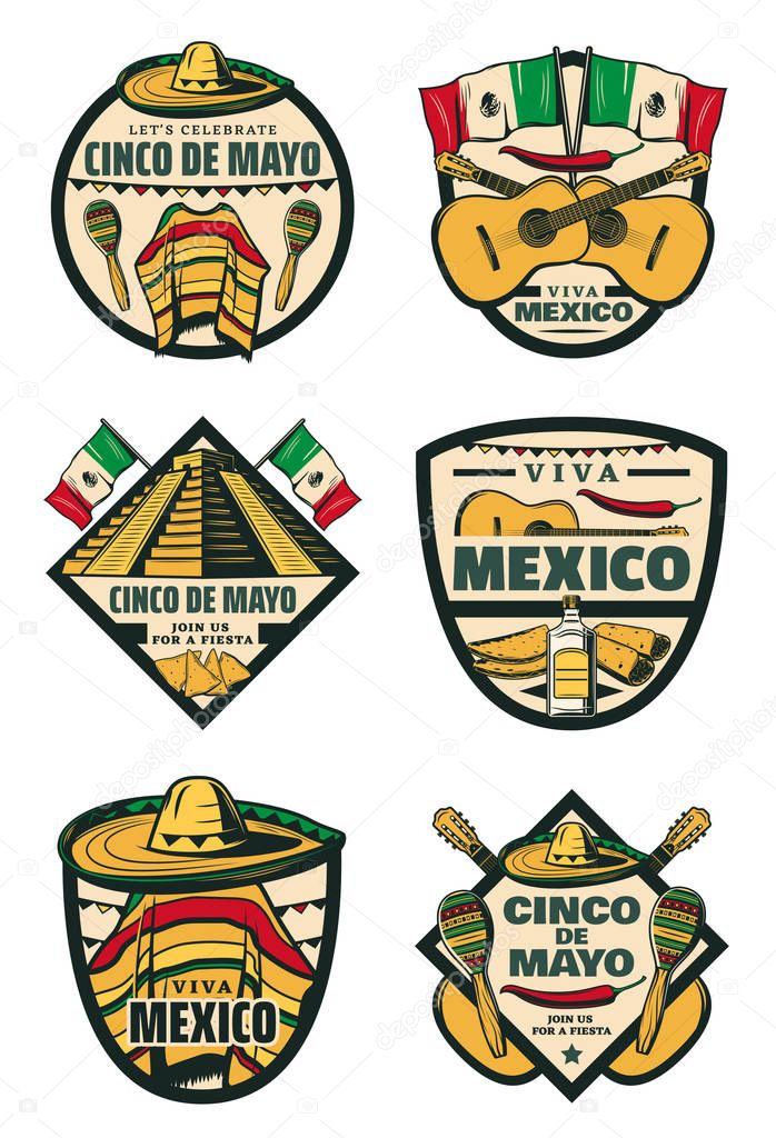 Cinco de Mayo Mexican holiday sketch icons for Mexico traditional celebration greeting card. Vector jalapeno pepper, sombrero and poncho or maracas, mustache and Mexican flag for Cinco De Mayo