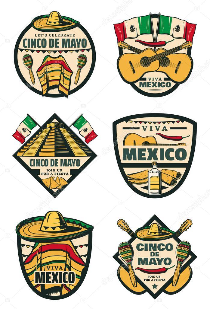 Cinco de Mayo Mexican fiesta holiday sketch icons